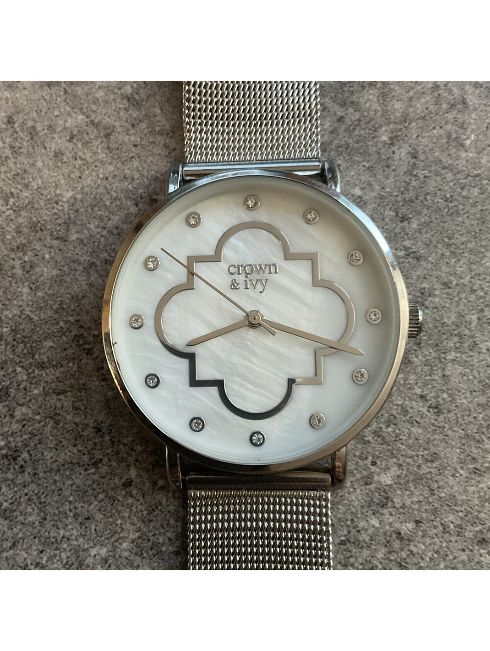 Crown & Ivy Womens Watch 37mm Silver Tone Case W/MOP Dial & Mesh Metal Band B-M